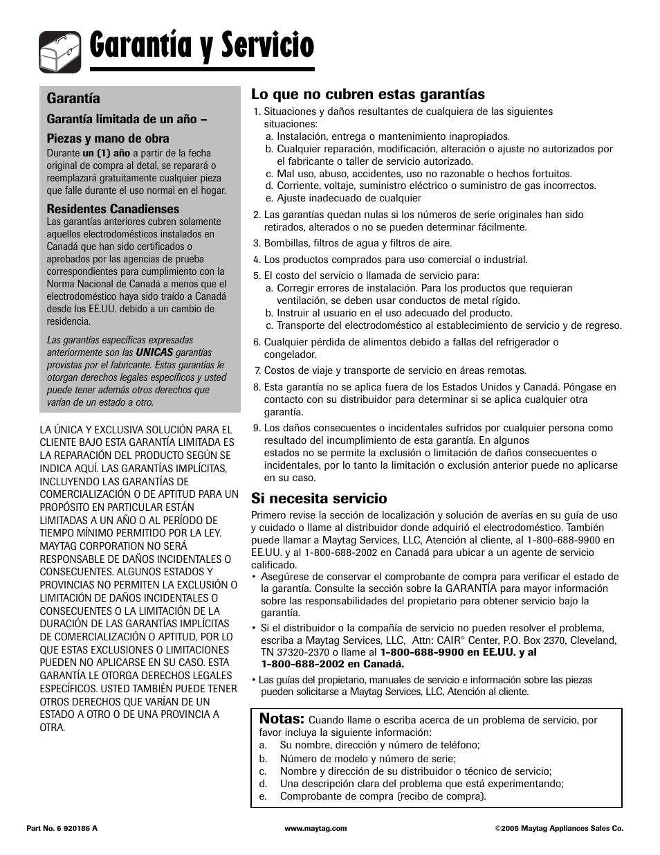 Garantía y servicio, Lo que no cubren estas garantías, Si necesita servicio | Garantía, Notas | Maytag MDB8751AWB User Manual | Page 48 / 48