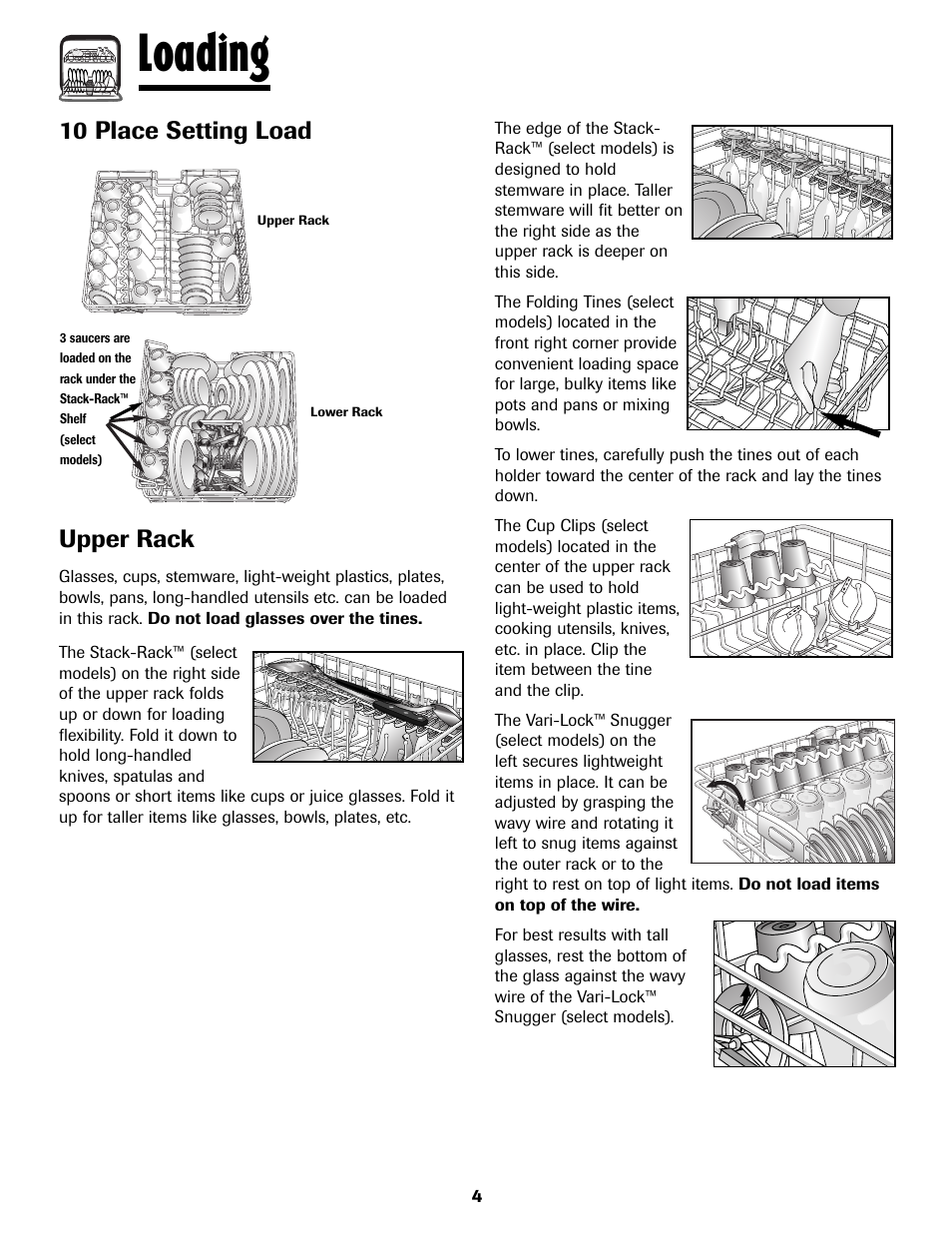 Loading, 10 place setting load upper rack | Maytag MDB8751AWB User Manual | Page 5 / 48