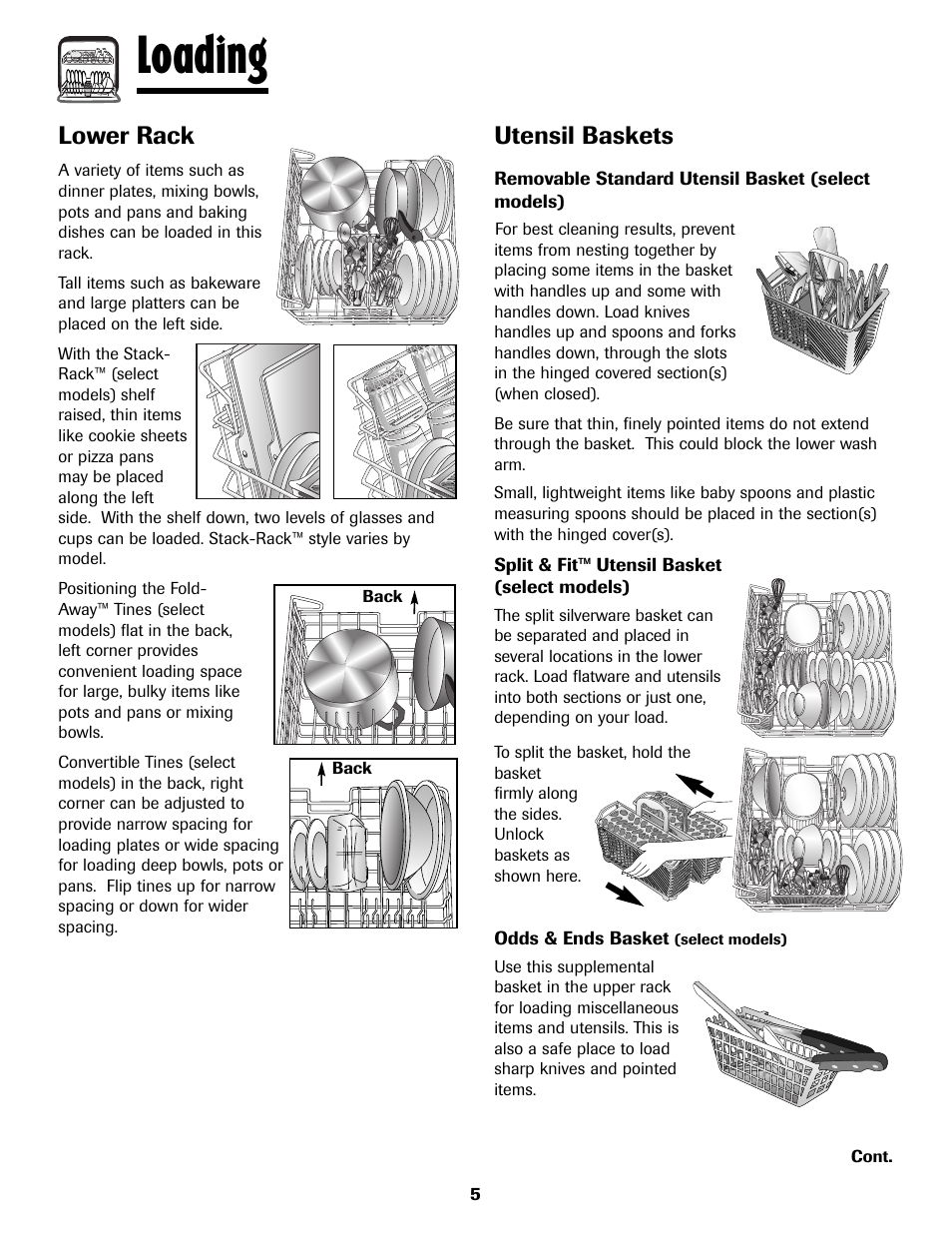 Loading, Lower rack, Utensil baskets | Maytag MDB8751AWB User Manual | Page 6 / 48