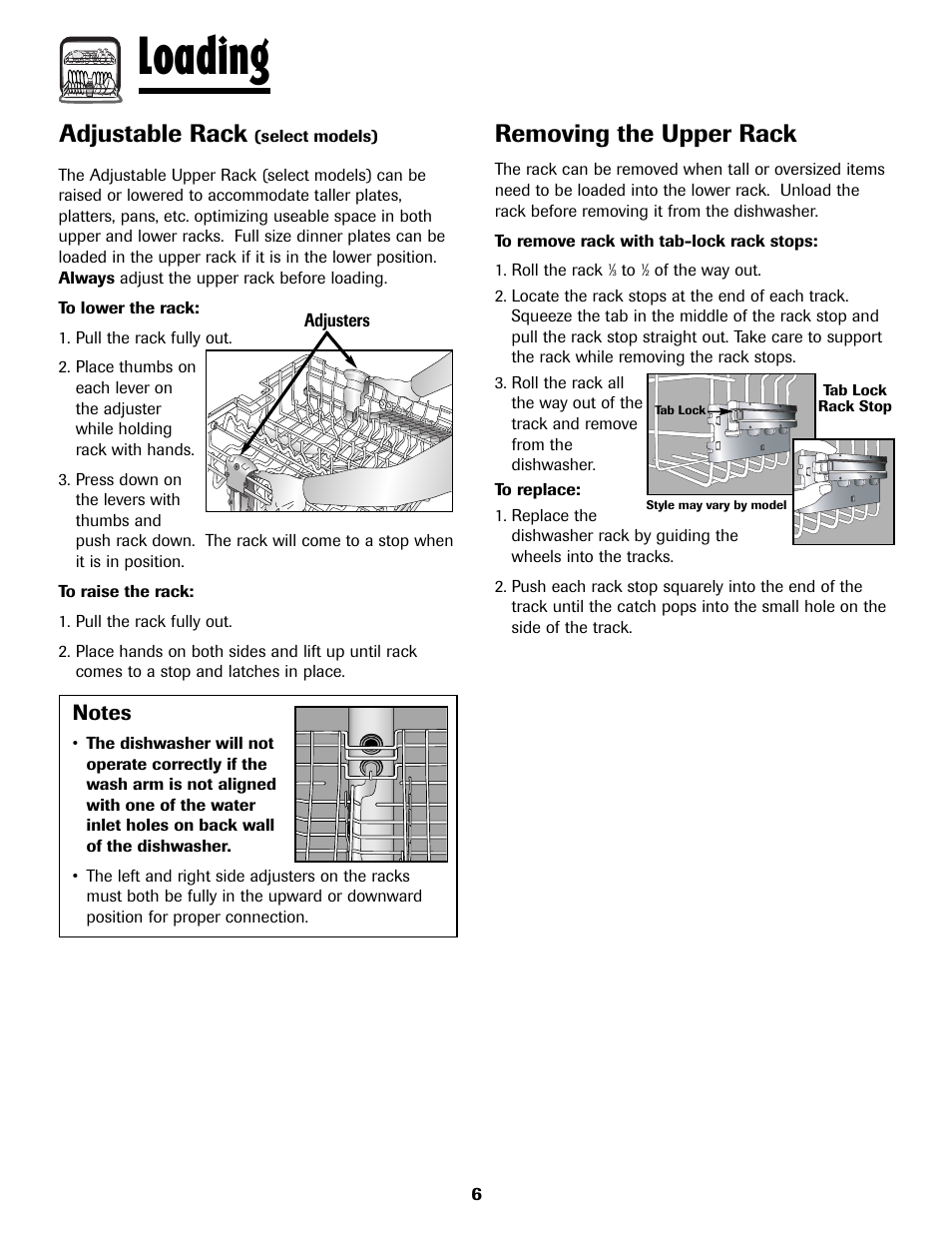 Loading, Adjustable rack, Removing the upper rack | Maytag MDB8751AWB User Manual | Page 7 / 48