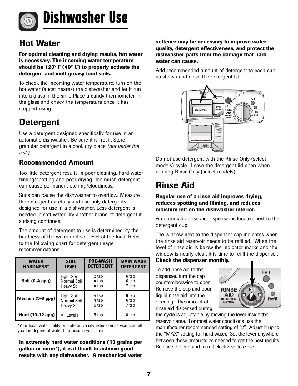 Dishwasher use, Hot water, Detergent | Rinse aid, Recommended amount | Maytag MDB8751AWB User Manual | Page 8 / 48