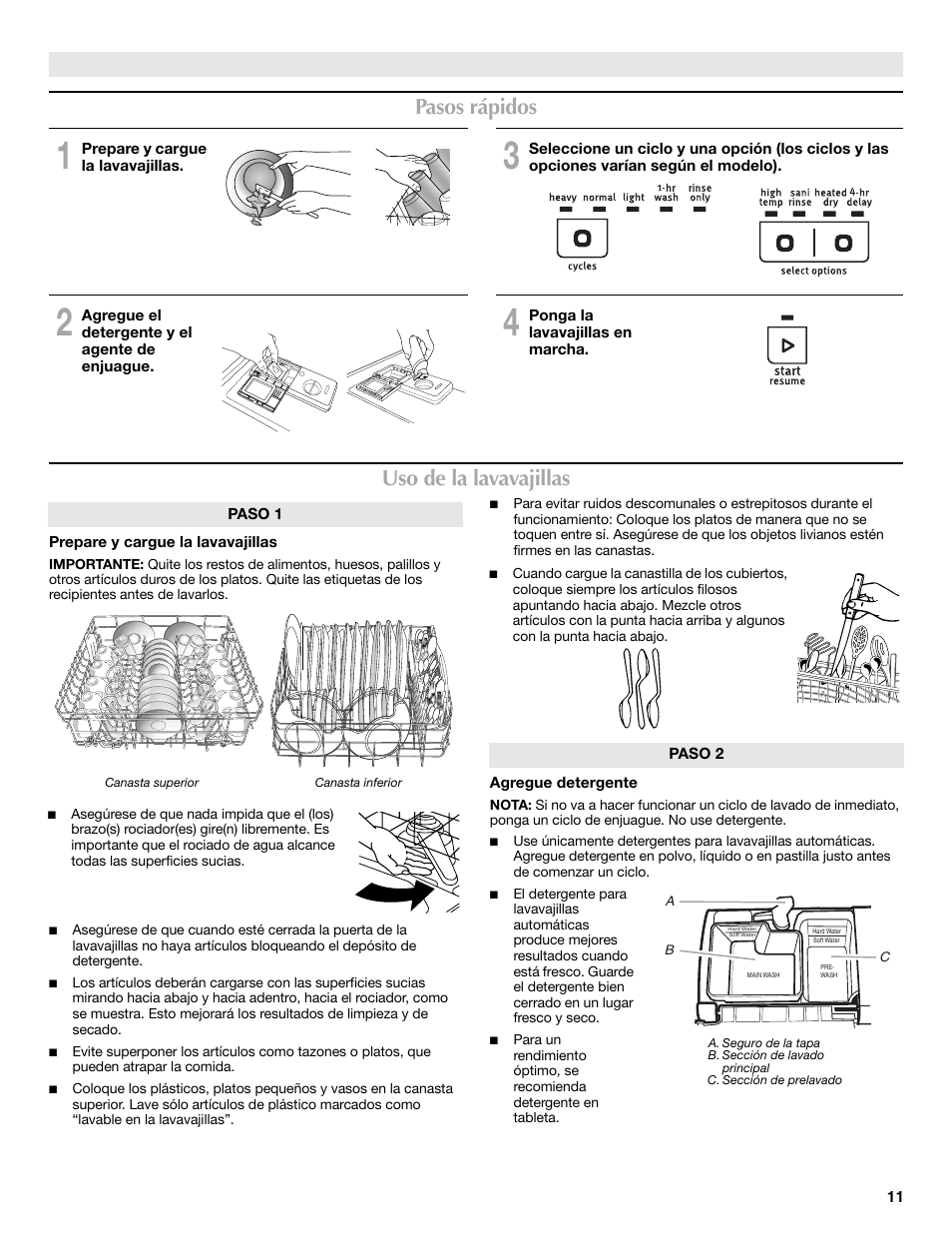 Pasos rápidos uso de la lavavajillas | Maytag MDBS469PAS User Manual | Page 11 / 26