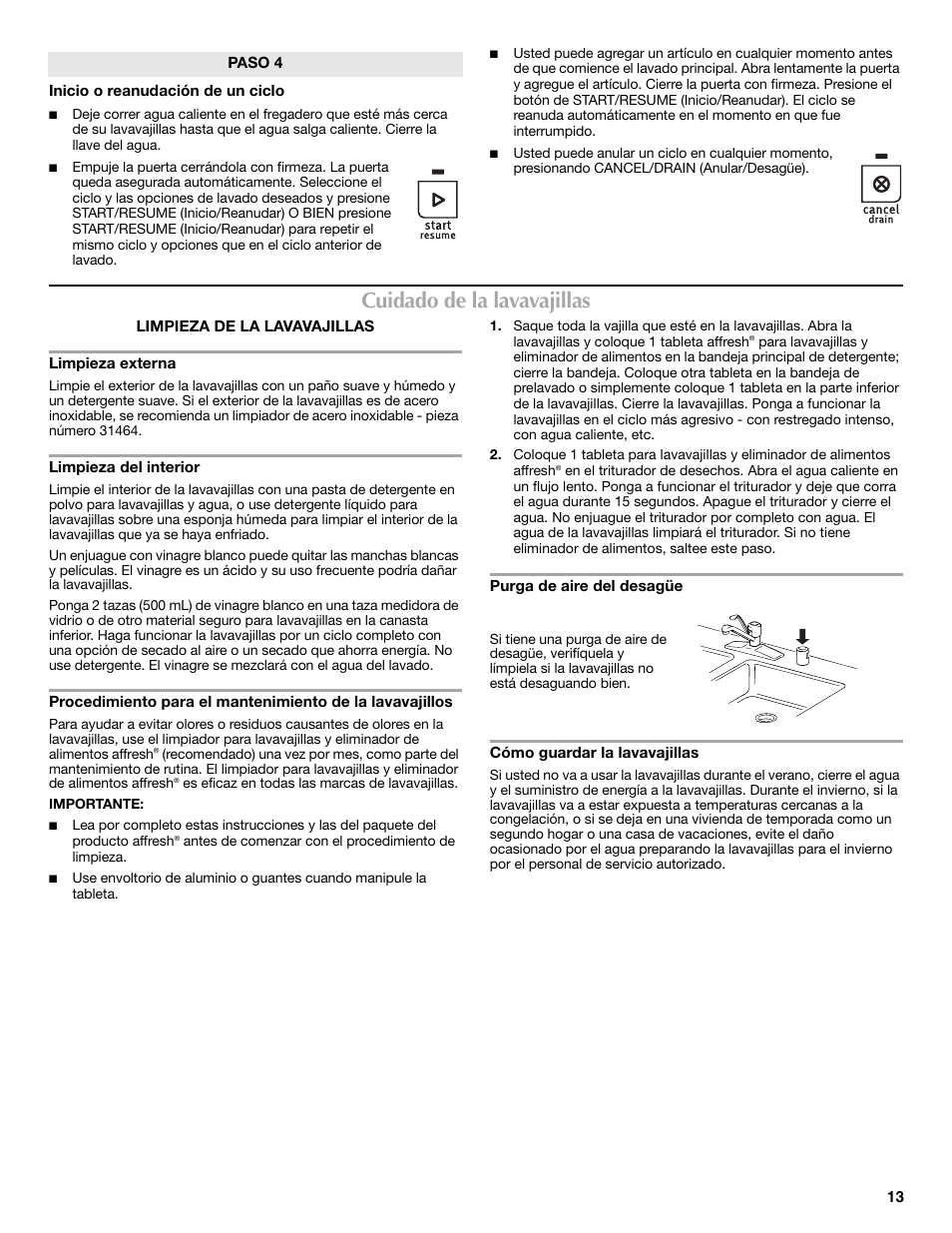 Cuidado de la lavavajillas | Maytag MDBS469PAS User Manual | Page 13 / 26