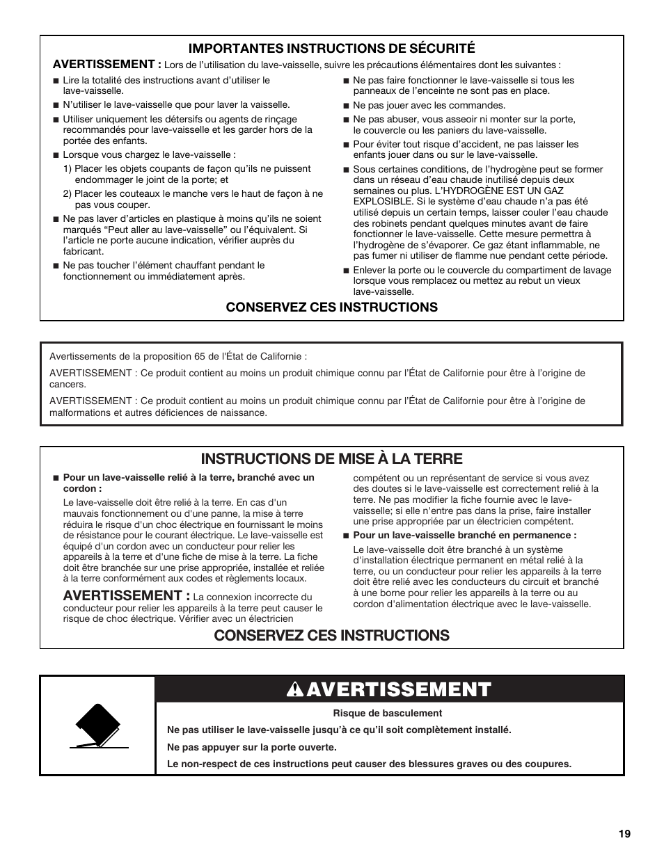 Importantes instructions de sécurité, Conservez ces instructions, Avertissement | Maytag MDBS469PAS User Manual | Page 19 / 26