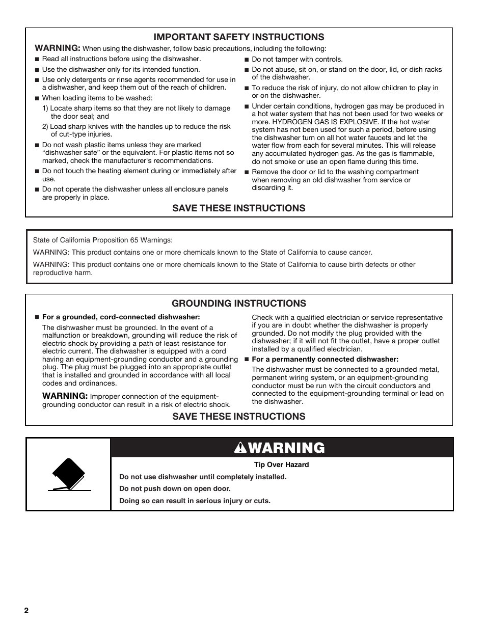 Warning, Important safety instructions, Save these instructions | Grounding instructions save these instructions | Maytag MDBS469PAS User Manual | Page 2 / 26