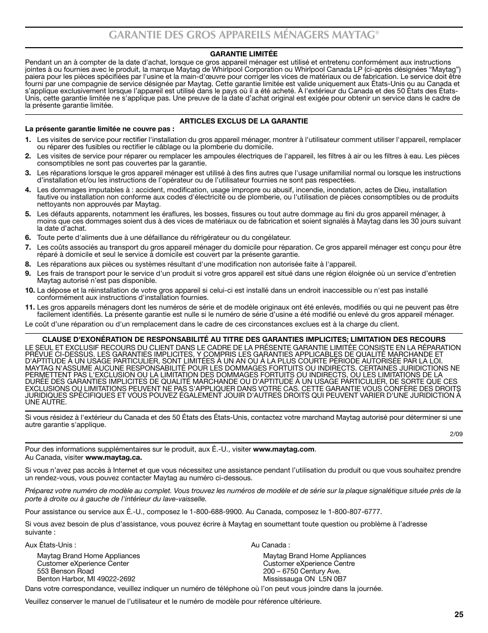 Garantie des gros appareils ménagers maytag | Maytag MDBS469PAS User Manual | Page 25 / 26
