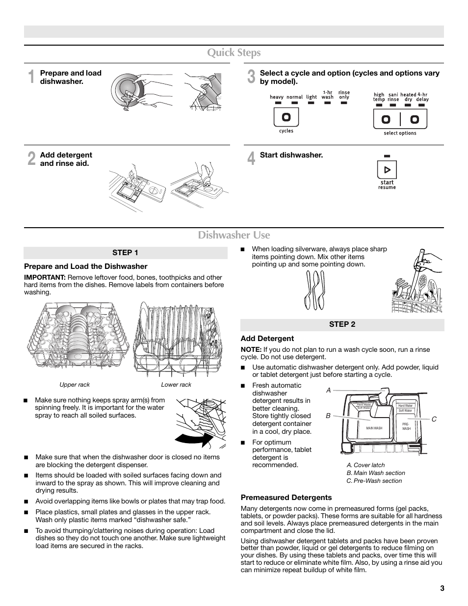 Quick steps dishwasher use | Maytag MDBS469PAS User Manual | Page 3 / 26