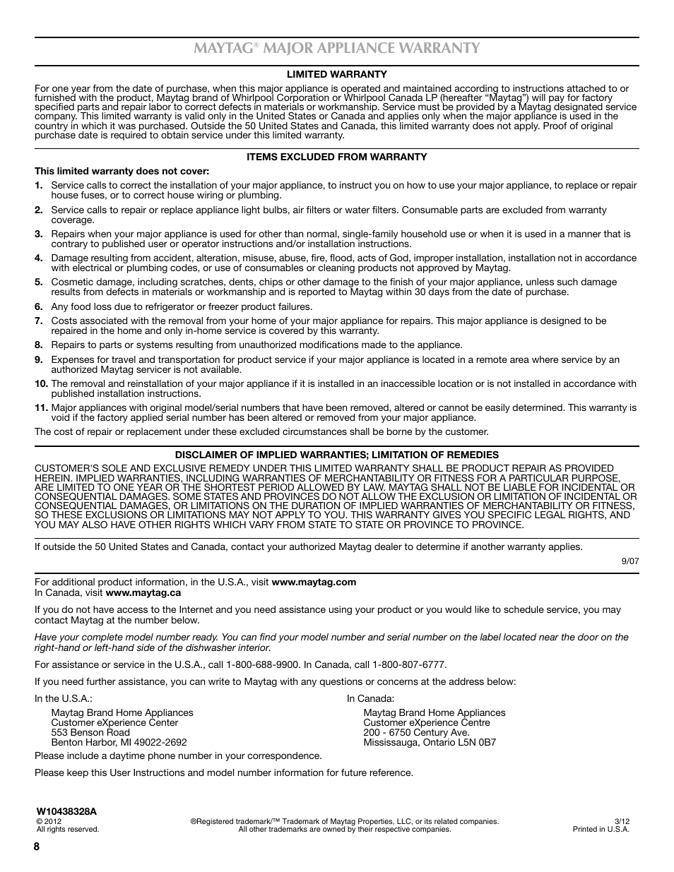 Maytag, Major appliance warranty | Maytag MDBS469PAS User Manual | Page 8 / 26