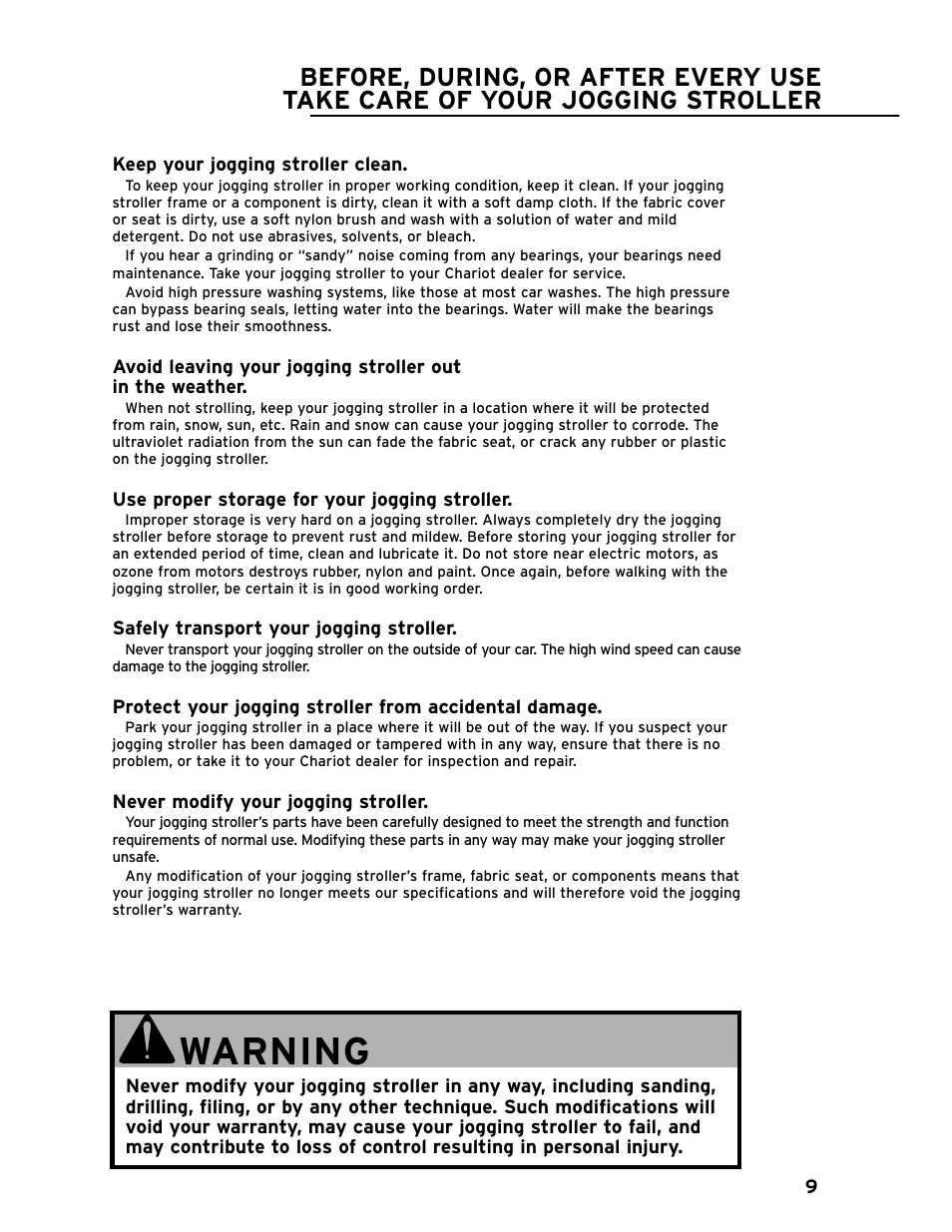 Warning | Chariot Carriers CAVALIER 51100442 User Manual | Page 10 / 21