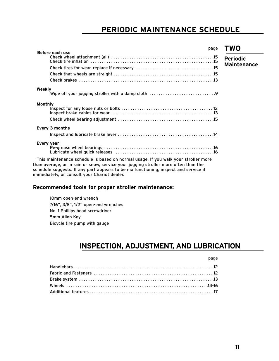 Periodic maintenance schedule, Inspection, adjustment, and lubrication | Chariot Carriers CAVALIER 51100442 User Manual | Page 12 / 21