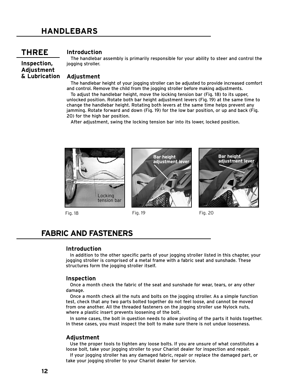 Three, Handlebars, Fabric and fasteners | Chariot Carriers CAVALIER 51100442 User Manual | Page 13 / 21