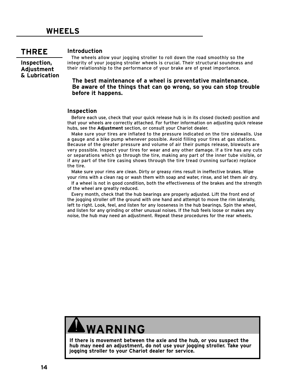 Warning, Wheels three | Chariot Carriers CAVALIER 51100442 User Manual | Page 15 / 21