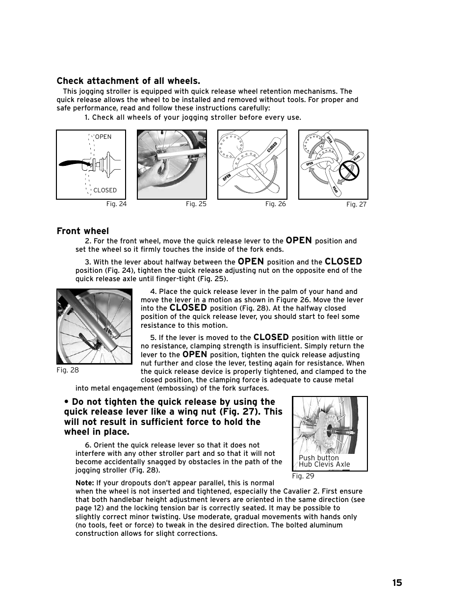 Check attachment of all wheels, Front wheel, Open | Closed | Chariot Carriers CAVALIER 51100442 User Manual | Page 16 / 21