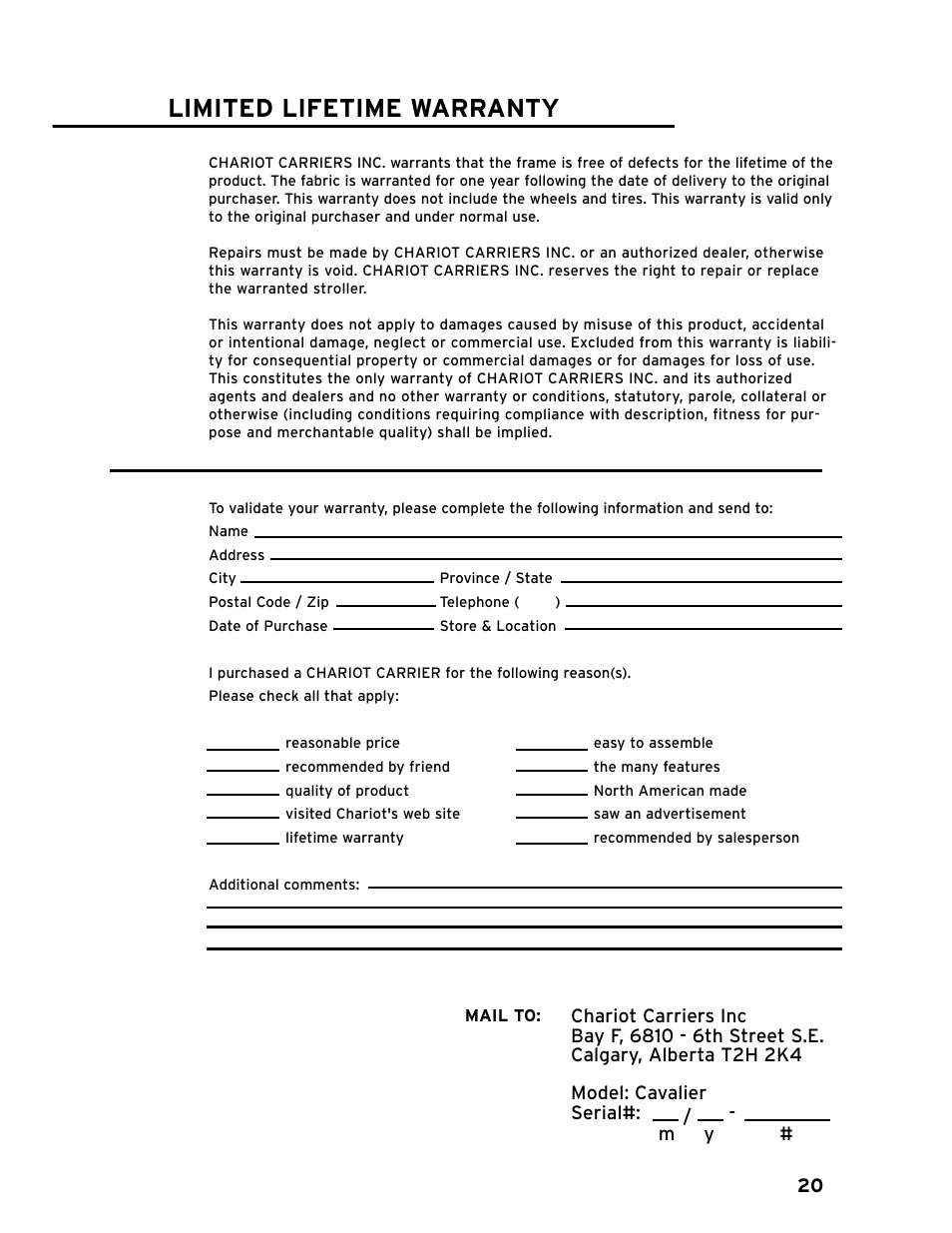 Limited lifetime warranty | Chariot Carriers CAVALIER 51100442 User Manual | Page 21 / 21