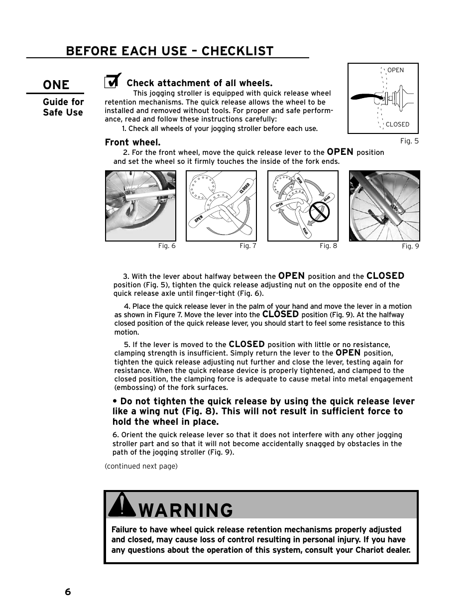 Warning, Before each use – checklist | Chariot Carriers CAVALIER 51100442 User Manual | Page 7 / 21