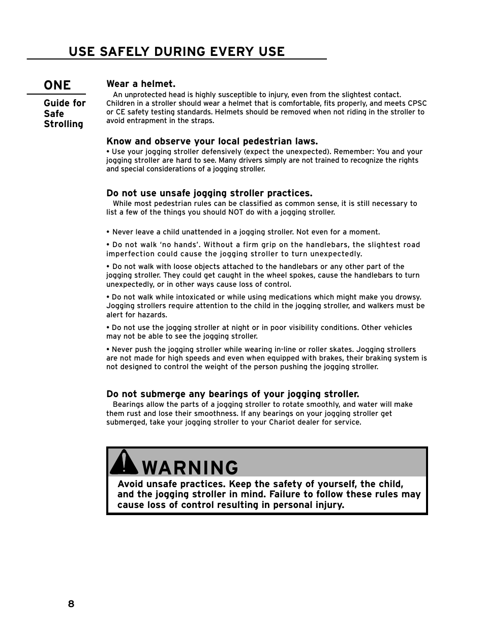 Warning, Use safely during every use | Chariot Carriers CAVALIER 51100442 User Manual | Page 9 / 21