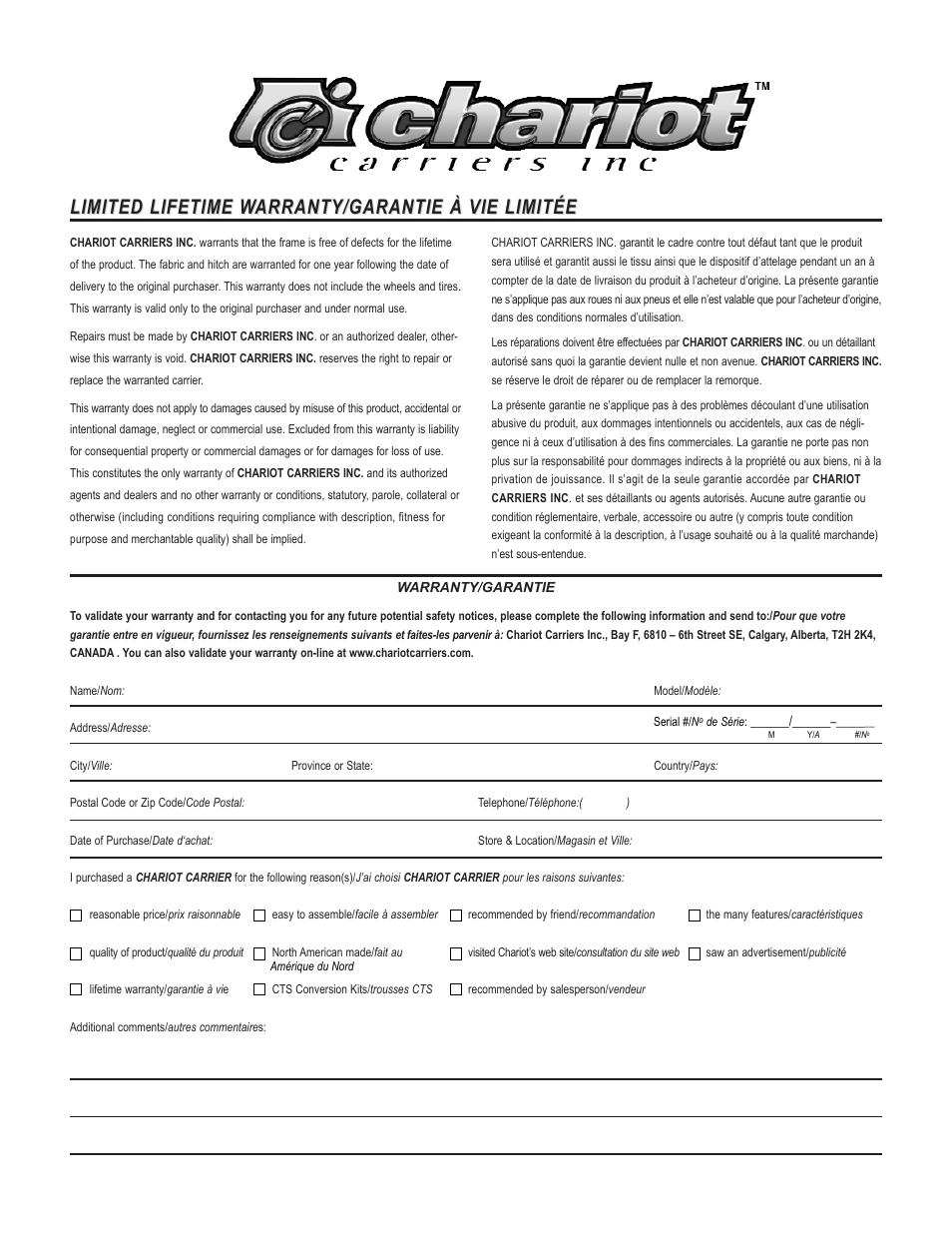 Limited lifetime w | Chariot Carriers X-COUNTRY SERIES User Manual | Page 19 / 19