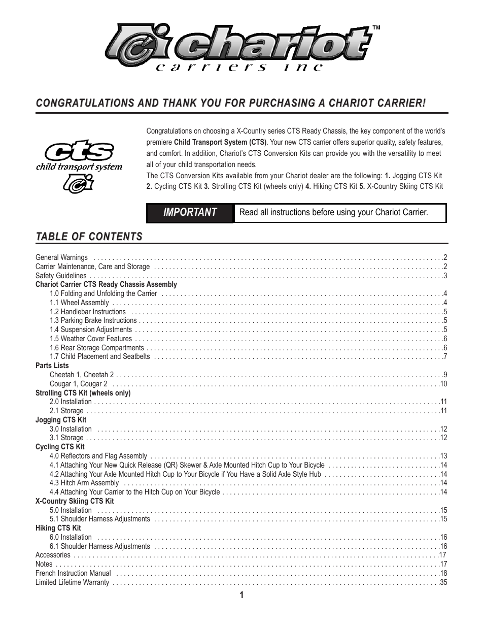 Table of contents able of contents, Congra, Important | Chariot Carriers X-COUNTRY SERIES User Manual | Page 2 / 19