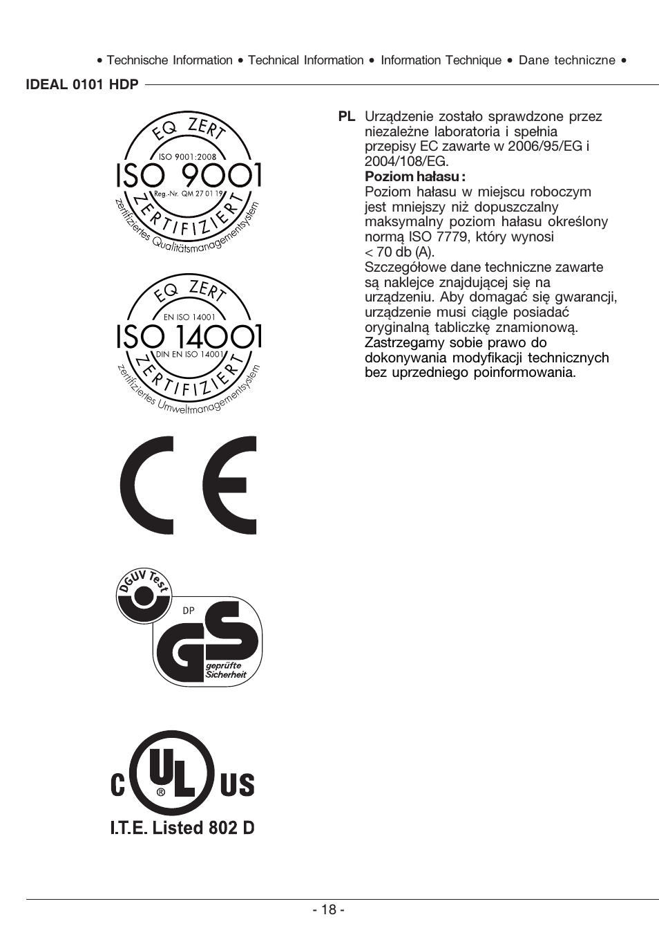 MBM Corporation IDEAL 0101 HDP User Manual | Page 18 / 20