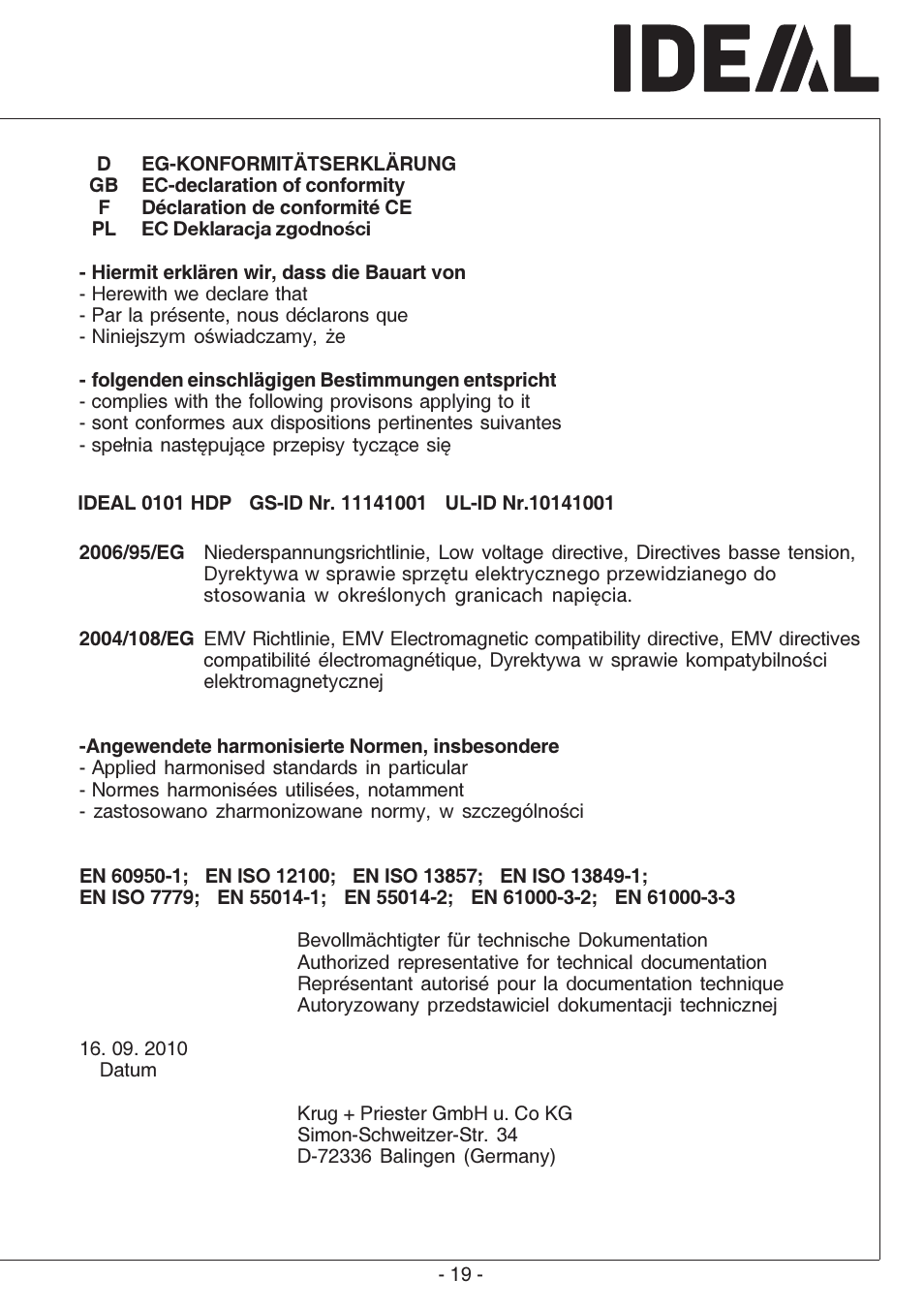 MBM Corporation IDEAL 0101 HDP User Manual | Page 19 / 20