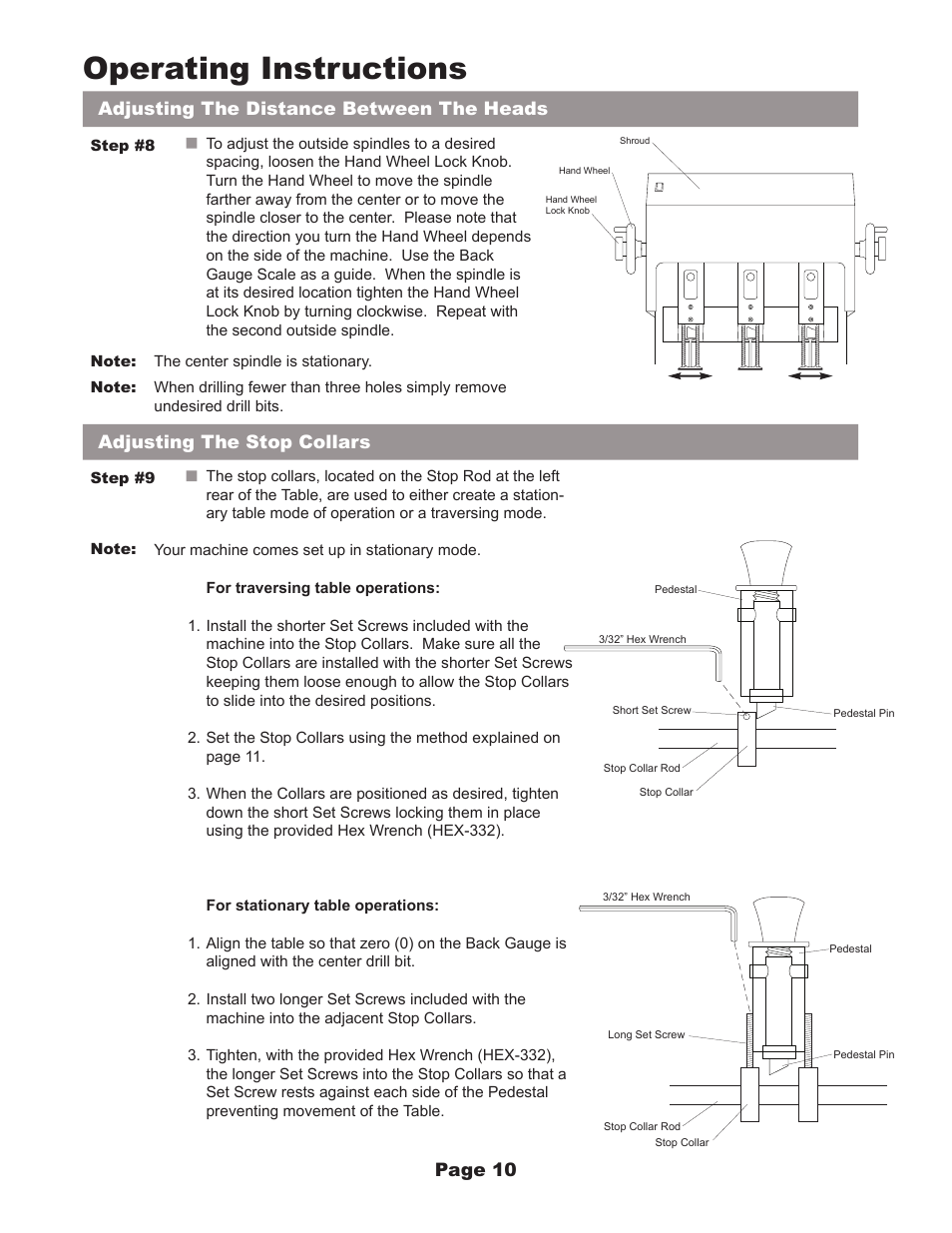 Operating instructions, Page 10 adjusting the stop collars, Adjusting the distance between the heads | MBM Corporation FMM3 User Manual | Page 11 / 24