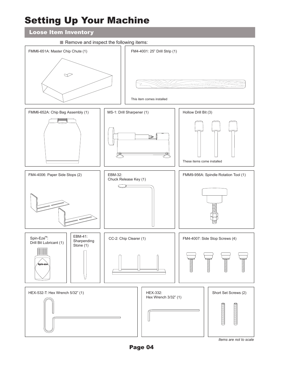 Setting up your machine, Loose item inventory page 04 | MBM Corporation FMM3 User Manual | Page 5 / 24