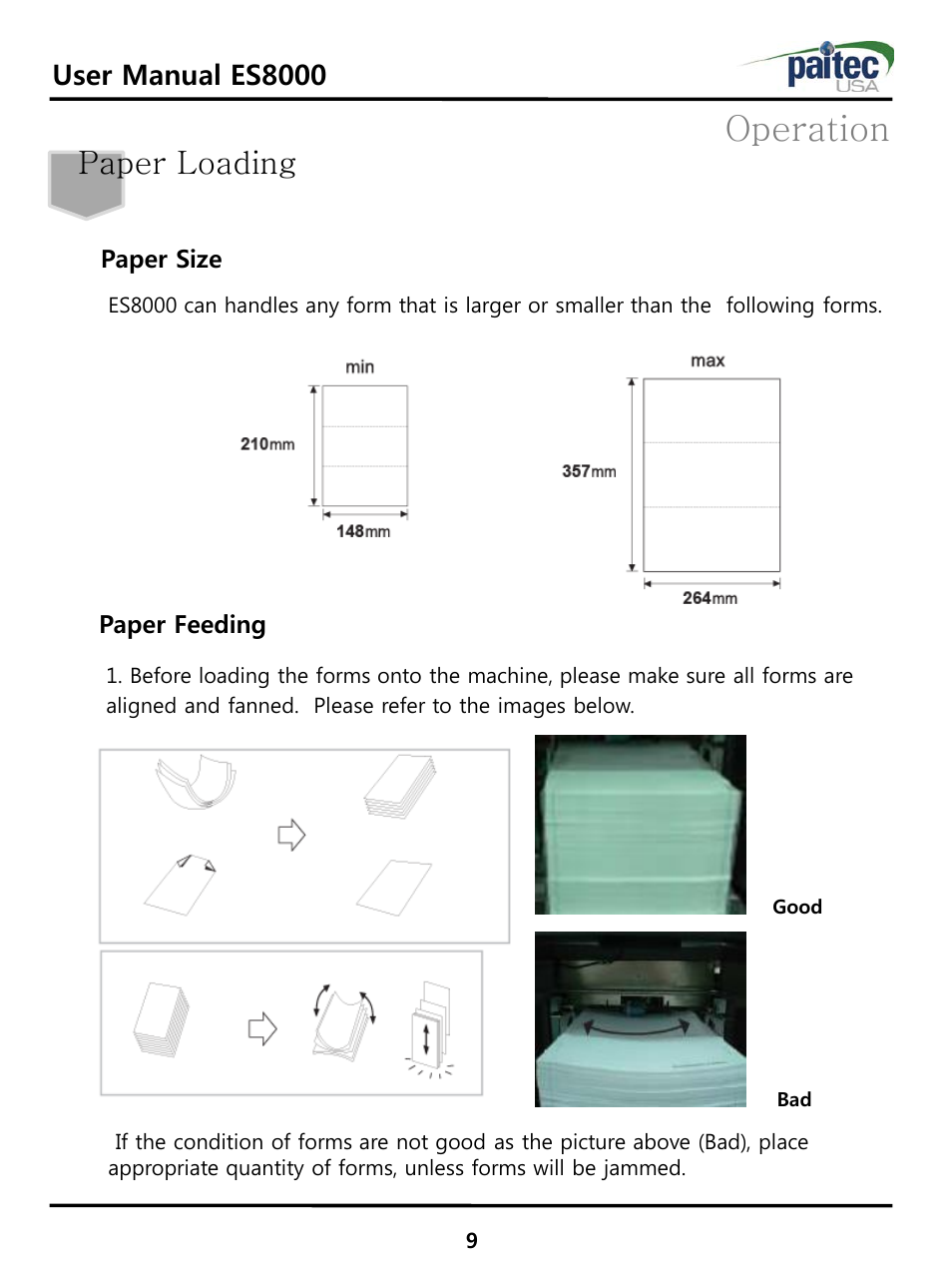 Operation, Paper loading, User manual es8000 | Paper size, Paper feeding | MBM Corporation ES 8000 User Manual | Page 10 / 32