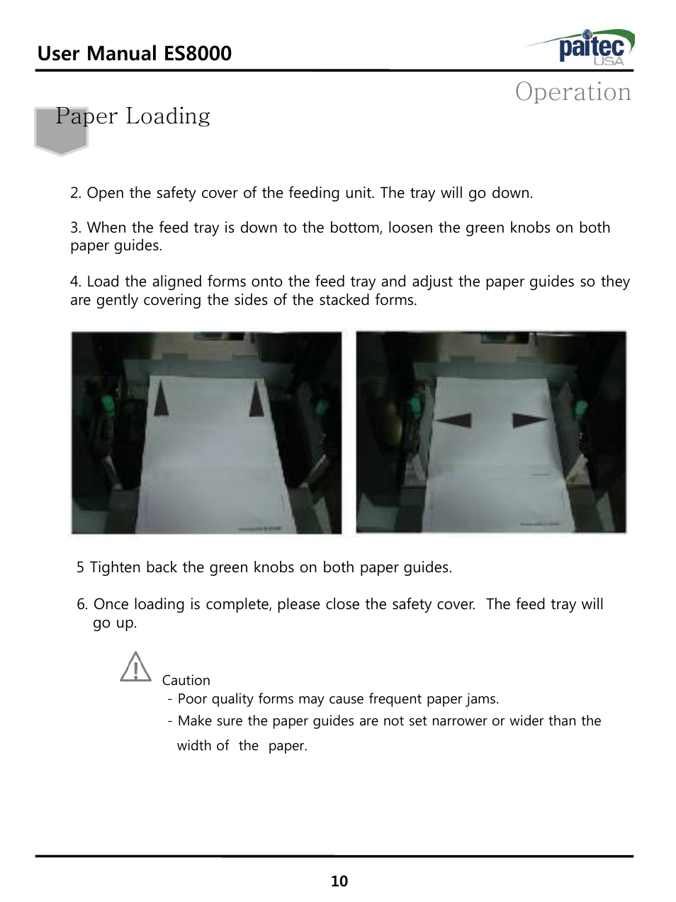 Operation, Paper loading, User manual es8000 | MBM Corporation ES 8000 User Manual | Page 11 / 32