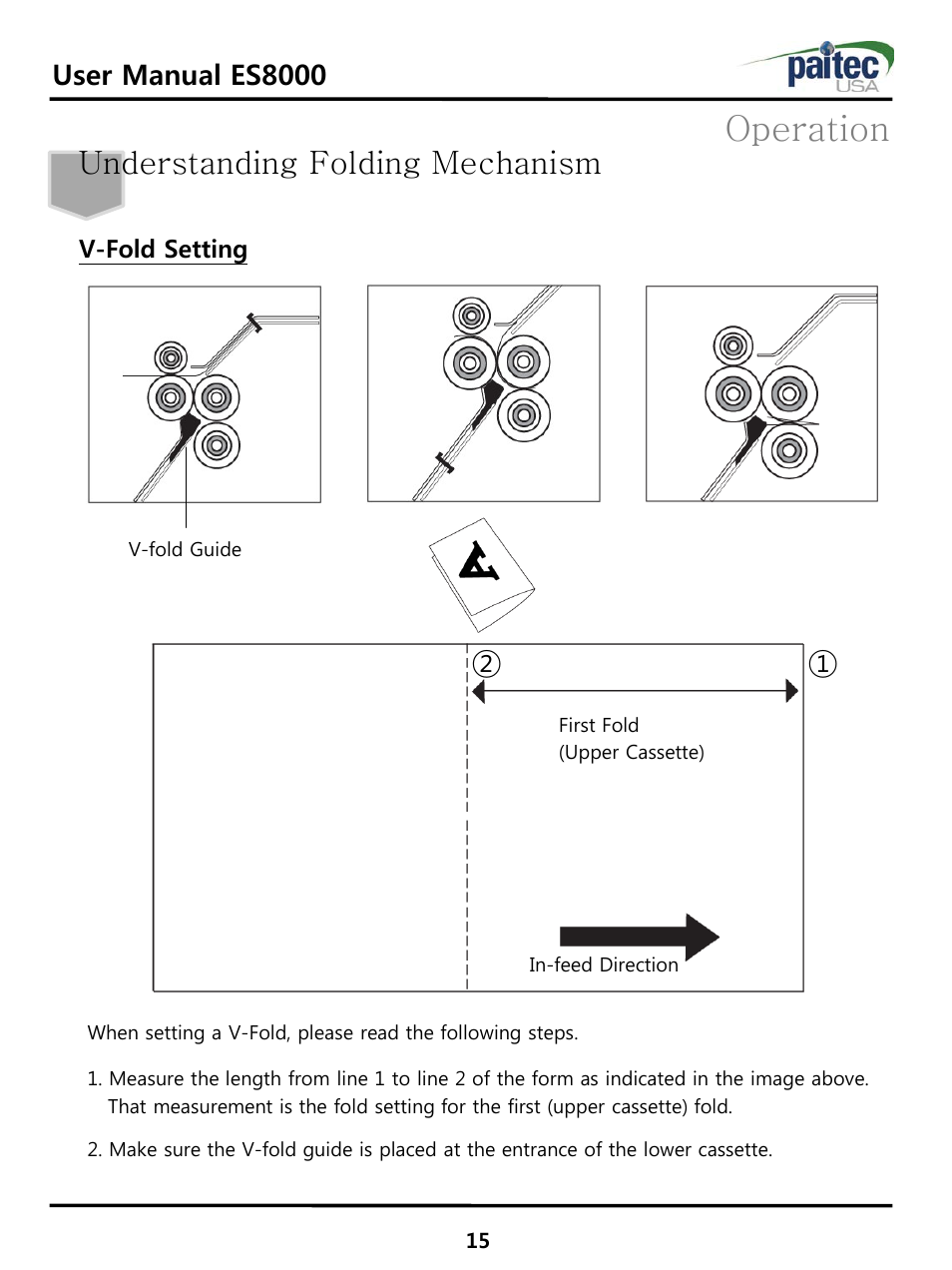 Operation, Understanding folding mechanism, User manual es8000 | V-fold setting | MBM Corporation ES 8000 User Manual | Page 16 / 32