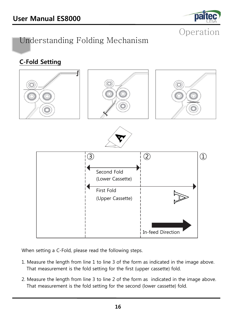 Operation, Understanding folding mechanism, User manual es8000 | C-fold setting | MBM Corporation ES 8000 User Manual | Page 17 / 32