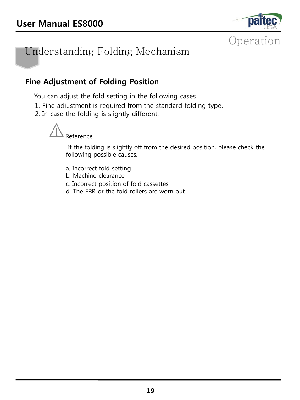 Operation, Understanding folding mechanism, User manual es8000 | MBM Corporation ES 8000 User Manual | Page 20 / 32