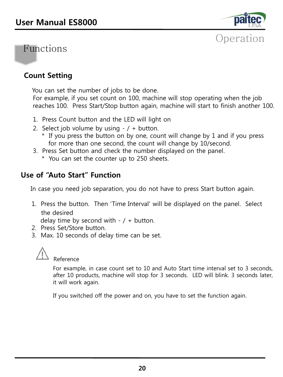 Operation, Functions, User manual es8000 | Count setting, Use of “auto start” function | MBM Corporation ES 8000 User Manual | Page 21 / 32