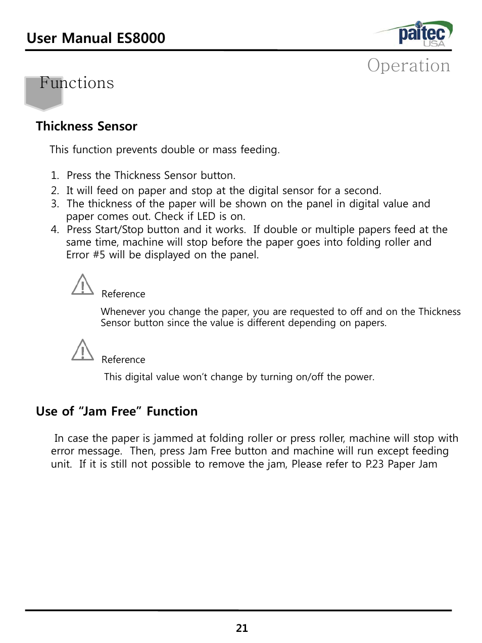 Operation, Functions, User manual es8000 | Thickness sensor, Use of “jam free” function | MBM Corporation ES 8000 User Manual | Page 22 / 32