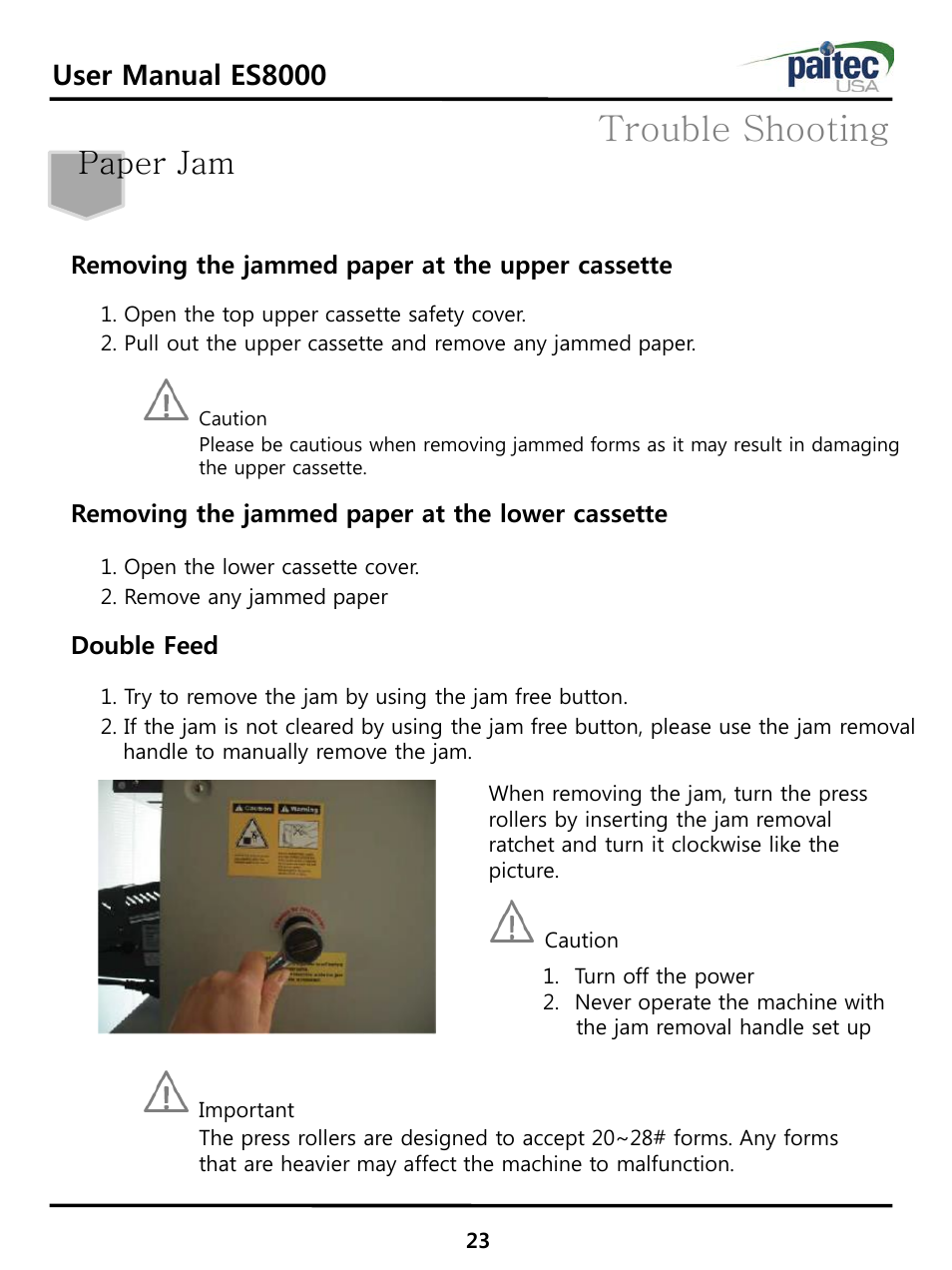 Trouble shooting, Paper jam, User manual es8000 | Removing the jammed paper at the upper cassette, Removing the jammed paper at the lower cassette, Double feed | MBM Corporation ES 8000 User Manual | Page 24 / 32