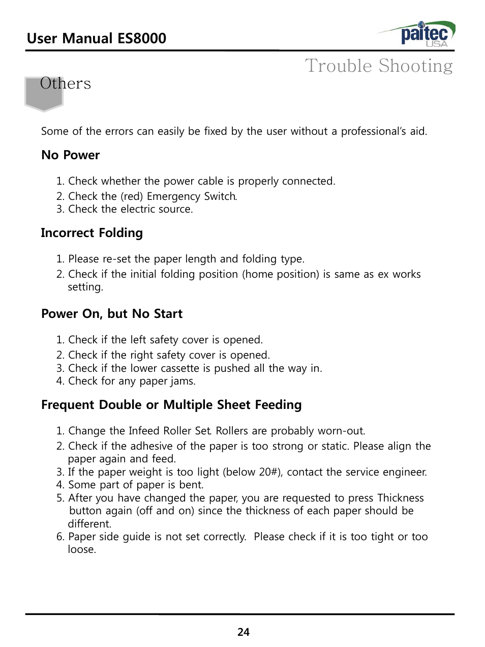 Trouble shooting, Others, User manual es8000 | No power, Incorrect folding, Power on, but no start, Frequent double or multiple sheet feeding | MBM Corporation ES 8000 User Manual | Page 25 / 32
