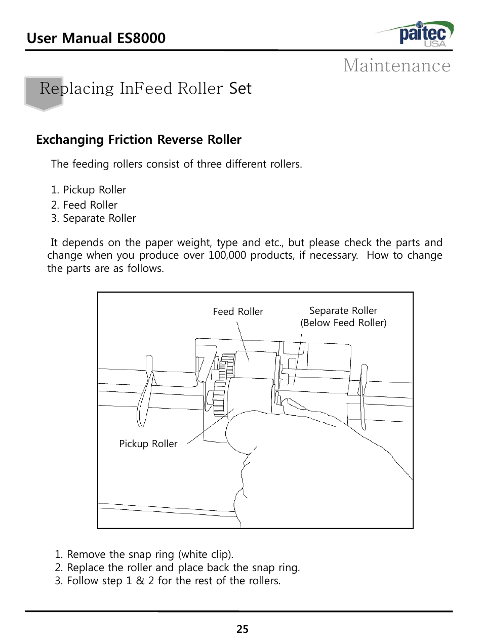 Maintenance, Replacing infeed roller set, User manual es8000 | Exchanging friction reverse roller | MBM Corporation ES 8000 User Manual | Page 26 / 32