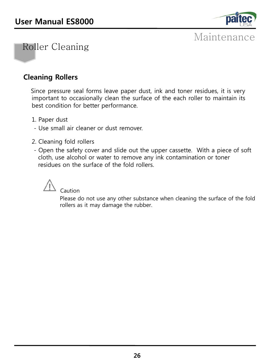 Maintenance, Roller cleaning, User manual es8000 | Cleaning rollers | MBM Corporation ES 8000 User Manual | Page 27 / 32