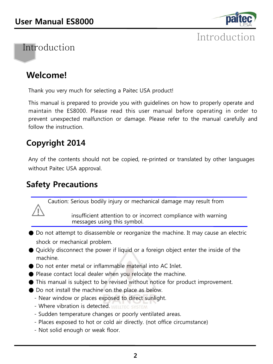 Introduction, Welcome, User manual es8000 | Copyright 2014, Safety precautions | MBM Corporation ES 8000 User Manual | Page 3 / 32