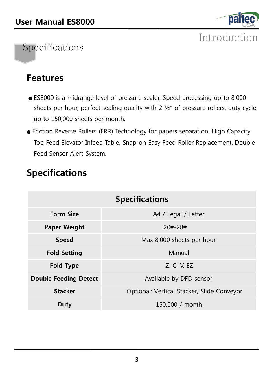 Introduction, Specifications, Features | User manual es8000 | MBM Corporation ES 8000 User Manual | Page 4 / 32