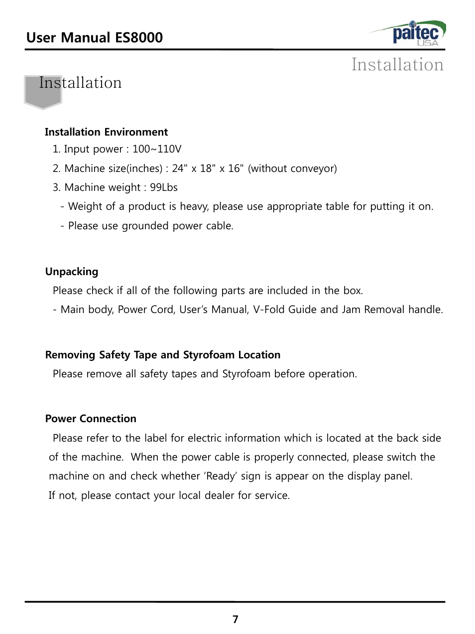 Installation, User manual es8000 | MBM Corporation ES 8000 User Manual | Page 8 / 32