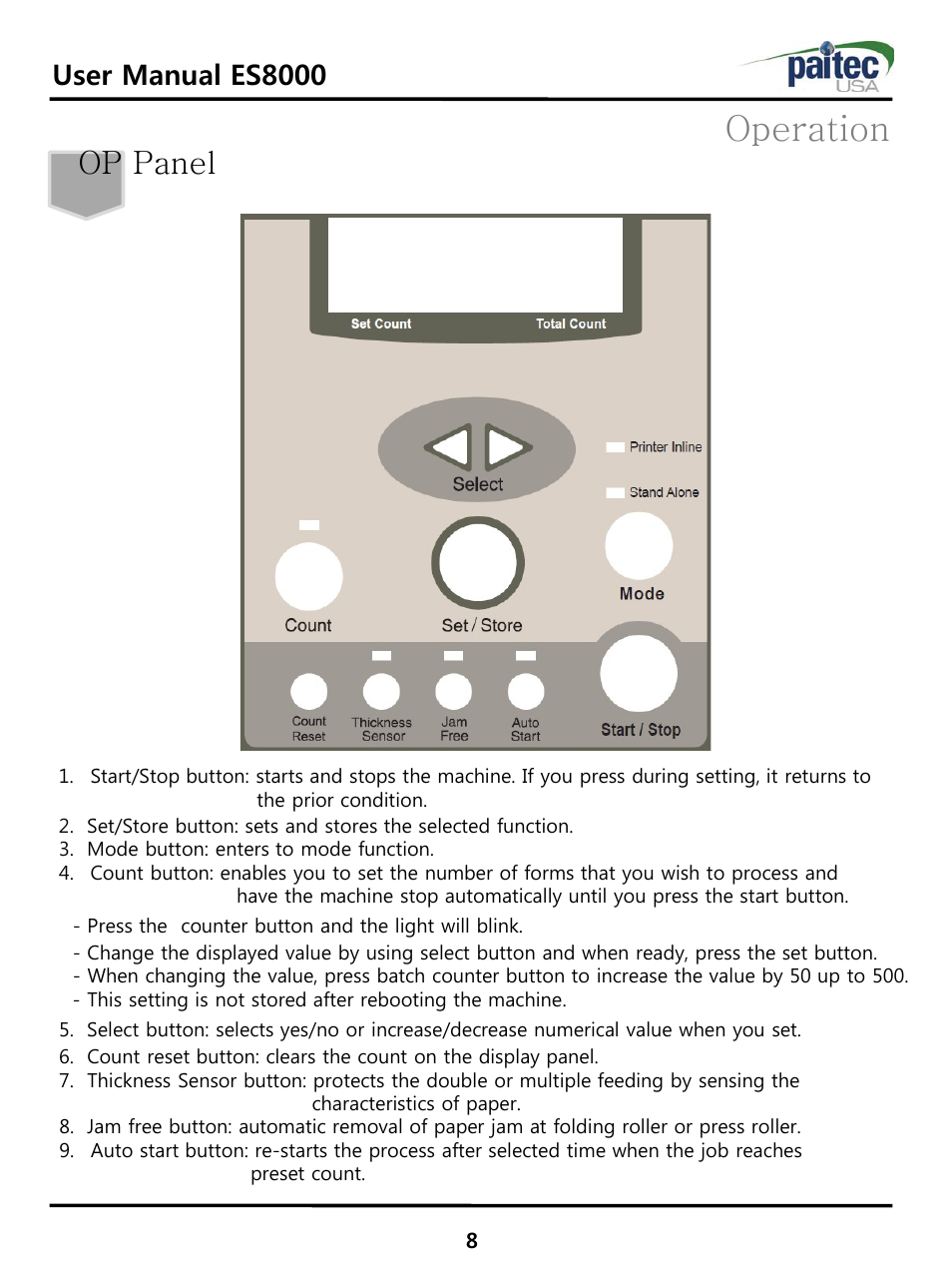 Operation, Op panel, User manual es8000 | MBM Corporation ES 8000 User Manual | Page 9 / 32