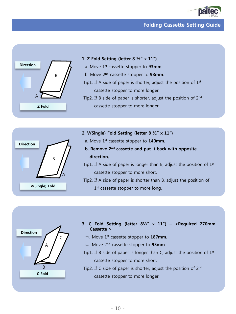 Slide number 10, Folding cassette setting guide | MBM Corporation ES 5500 User Manual | Page 10 / 20