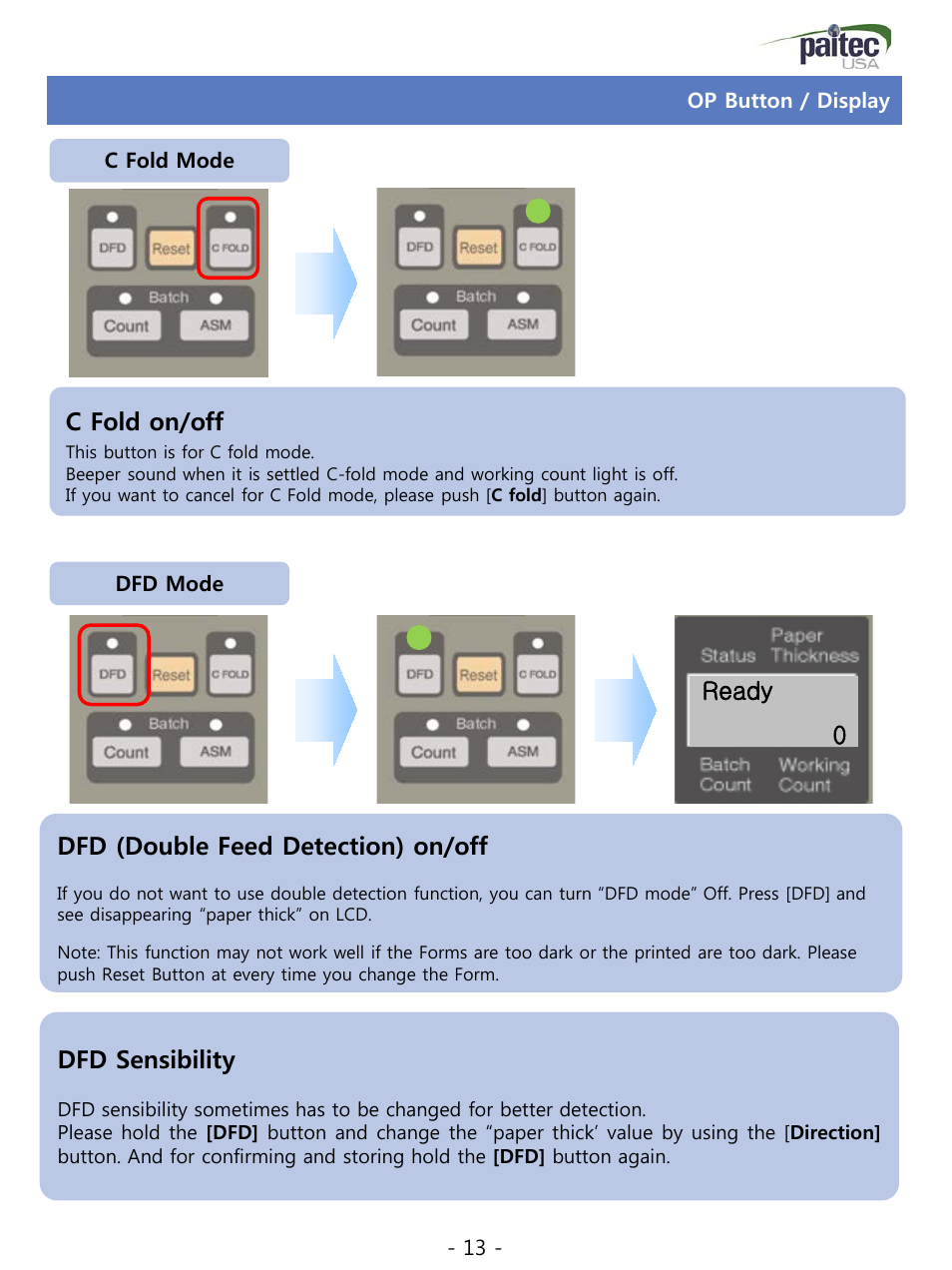 Op button / display, C fold on/off, Dfd (double feed detection) on/off | Dfd sensibility, Ready 0 | MBM Corporation ES 5500 User Manual | Page 13 / 20
