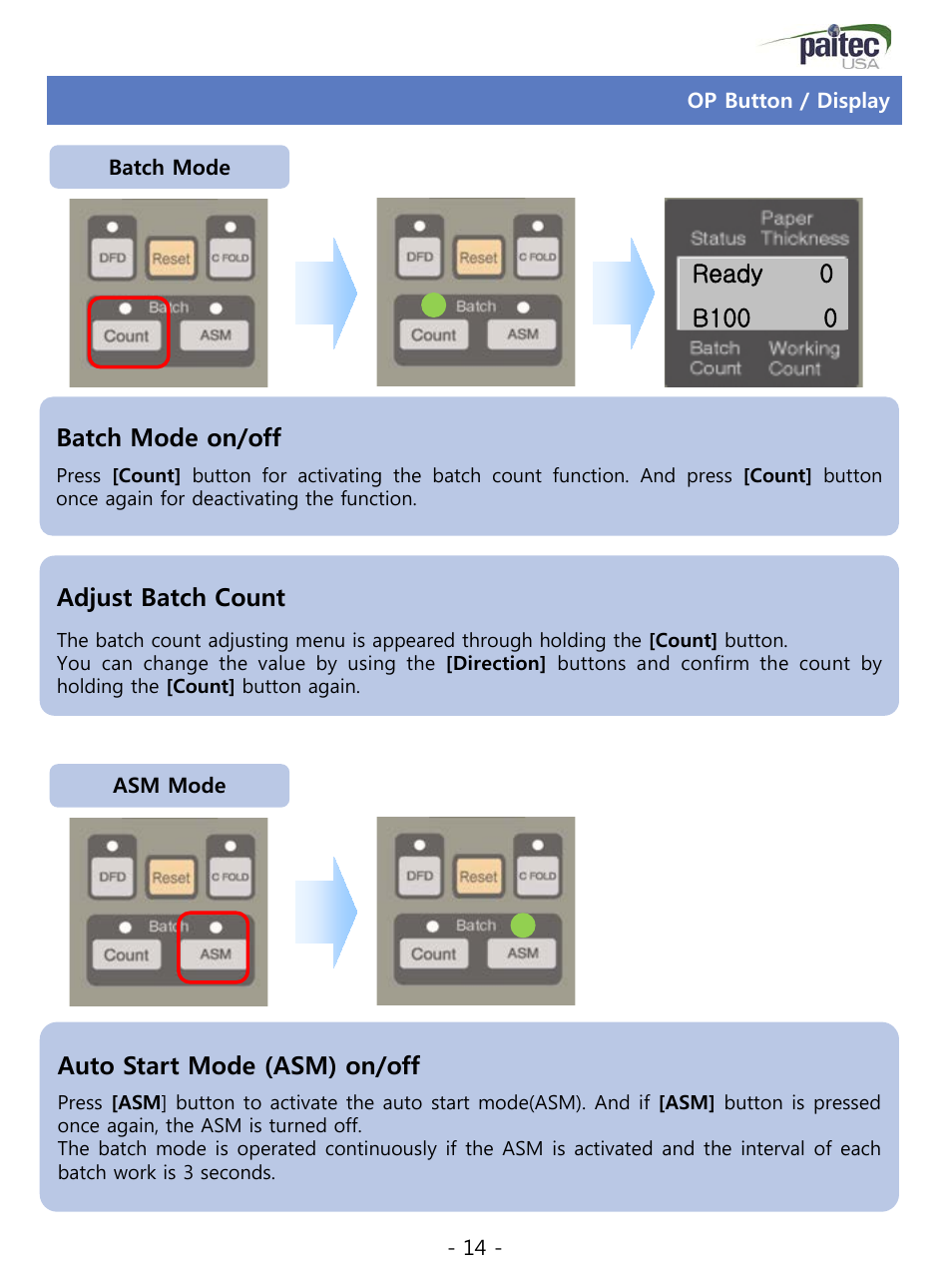Op button / display, Batch mode on/off, Adjust batch count | Auto start mode (asm) on/off | MBM Corporation ES 5500 User Manual | Page 14 / 20