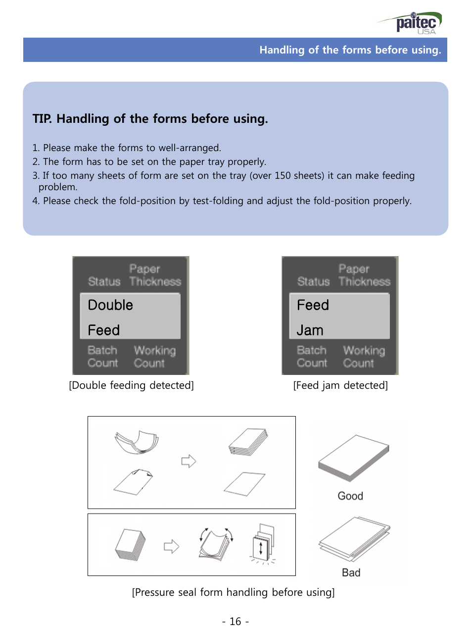 Handling of the forms before using, Double feed, Feed jam | MBM Corporation ES 5500 User Manual | Page 16 / 20