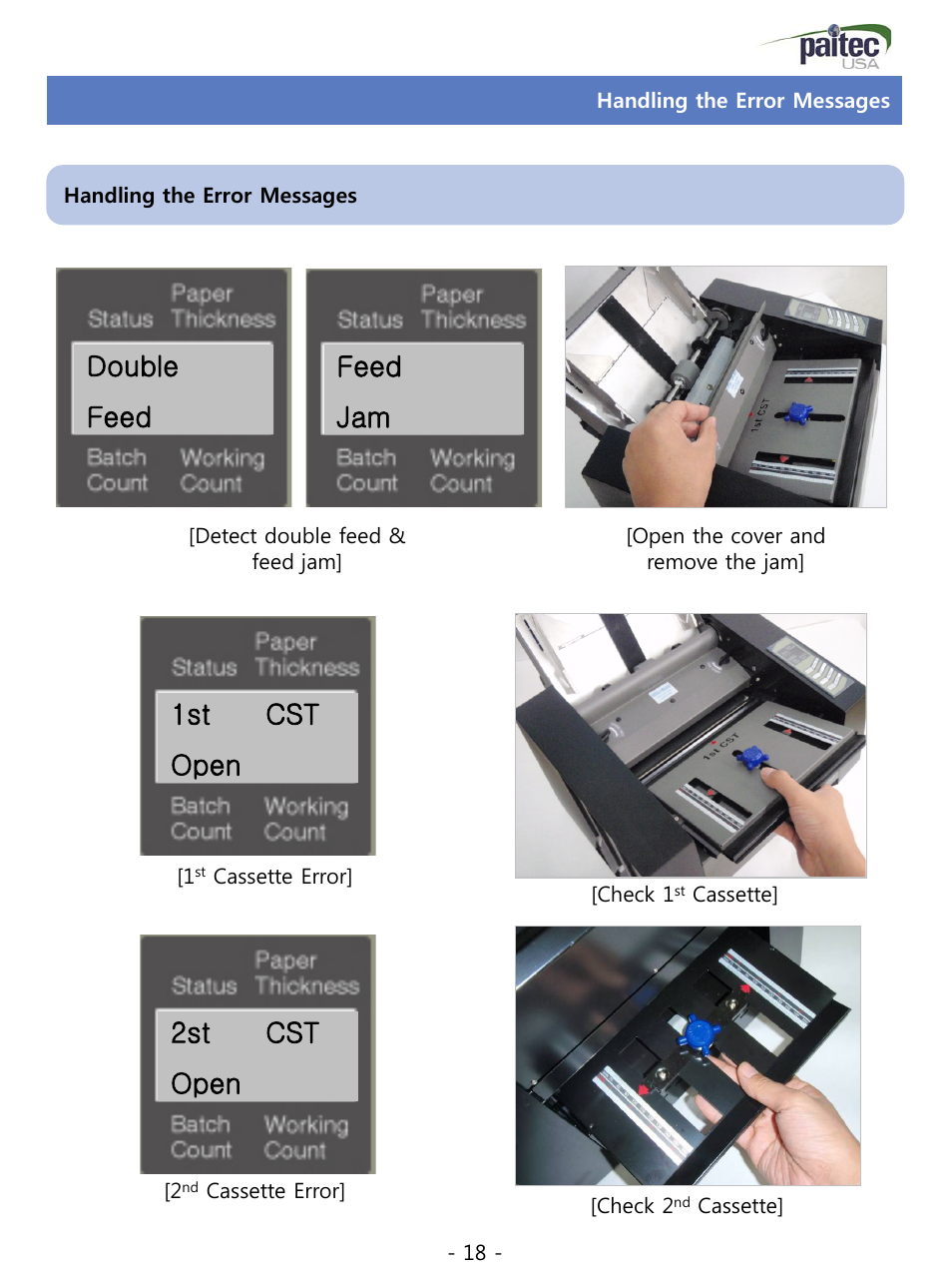 Handling the error messages, Double feed, Feed jam | 1st cst open 2st cst open | MBM Corporation ES 5500 User Manual | Page 18 / 20