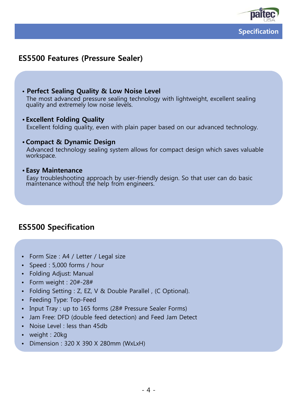 Specification | MBM Corporation ES 5500 User Manual | Page 4 / 20