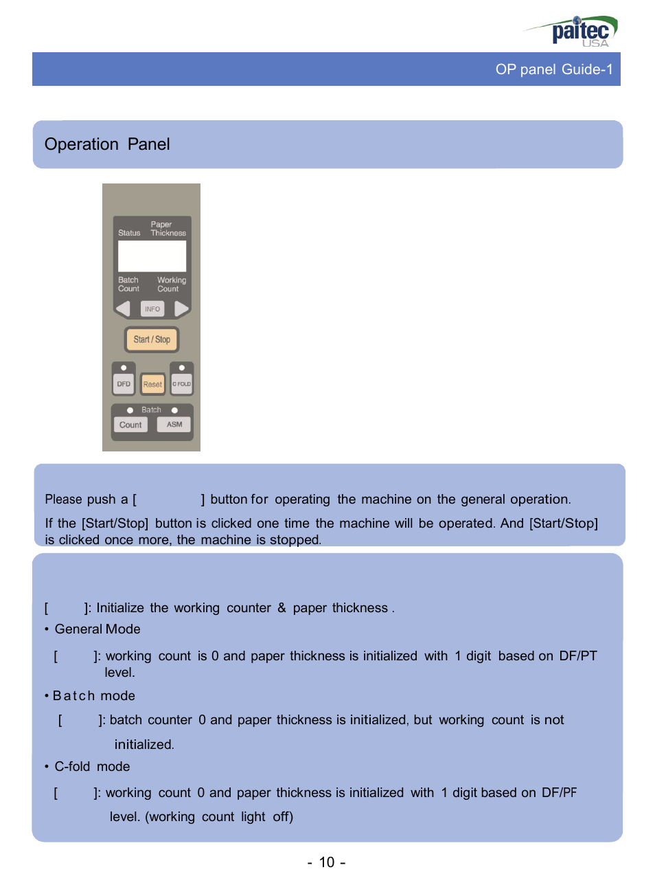 Operation panel, Start/stop, Reset | MBM Corporation ES 3000 User Manual | Page 10 / 20