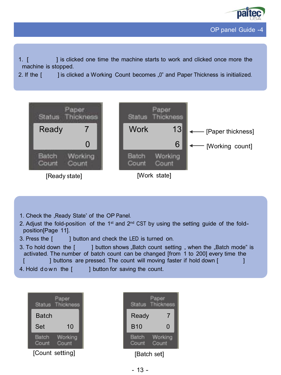Ready 7, Work 13, Batch count mode | MBM Corporation ES 3000 User Manual | Page 13 / 20