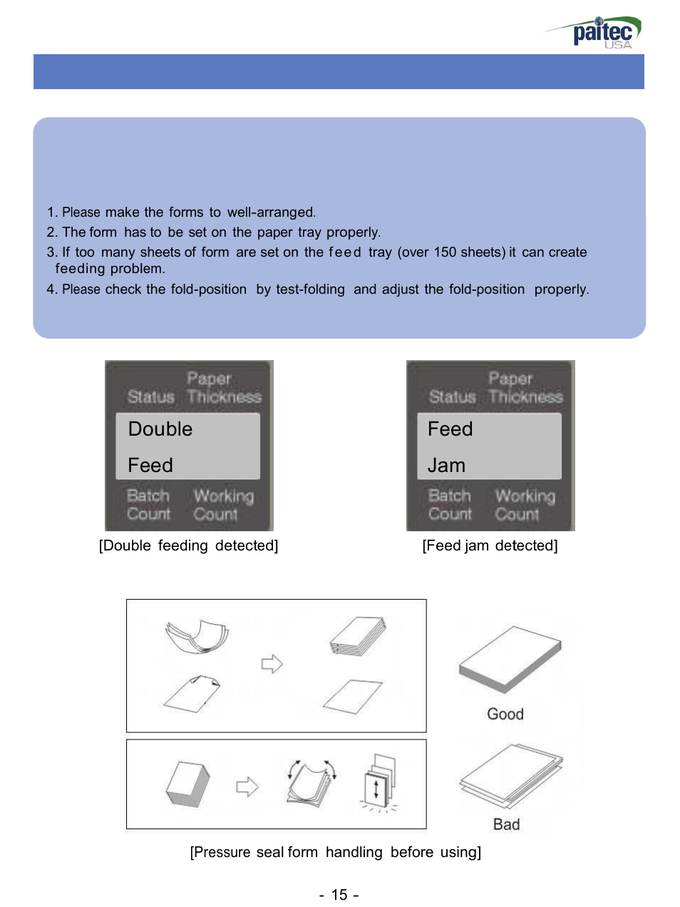 Double, Feed, Tip. handling of the forms before using | MBM Corporation ES 3000 User Manual | Page 15 / 20